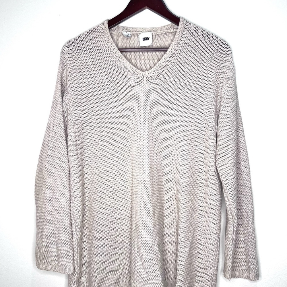 DKNY Tan V-Neck Sweater Soft Knit Classic